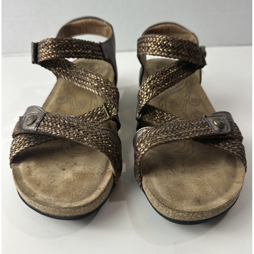 Taos Trulie Sandals Pewter Metallic Leather Woven Strappy Hook Loop Size 7 - 7.5 - Picture 3 of 16